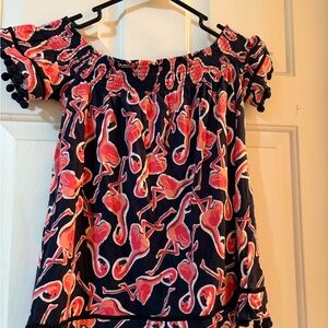 Crown & Ivy Navy and Pink Flamingo Smocked Top